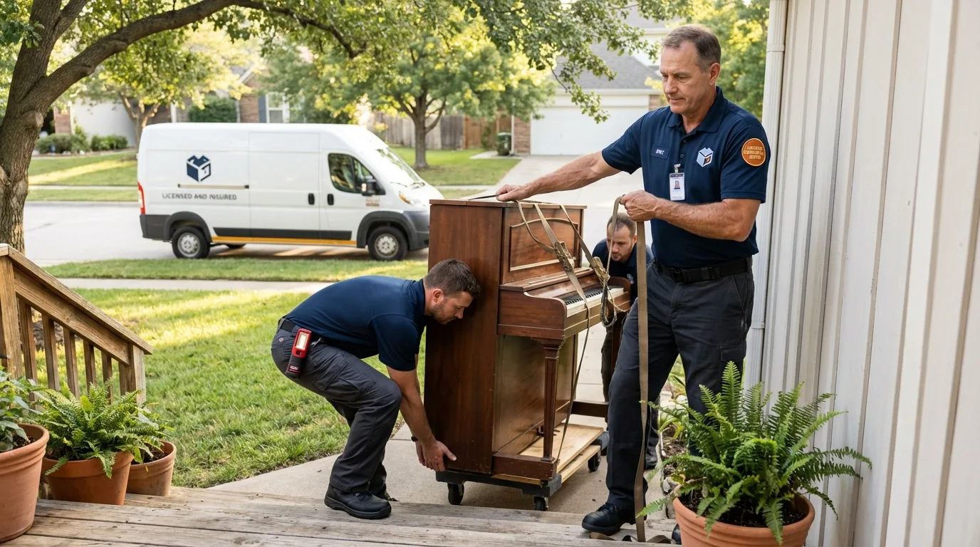 Licensed piano movers securing grand piano in Forney, TX