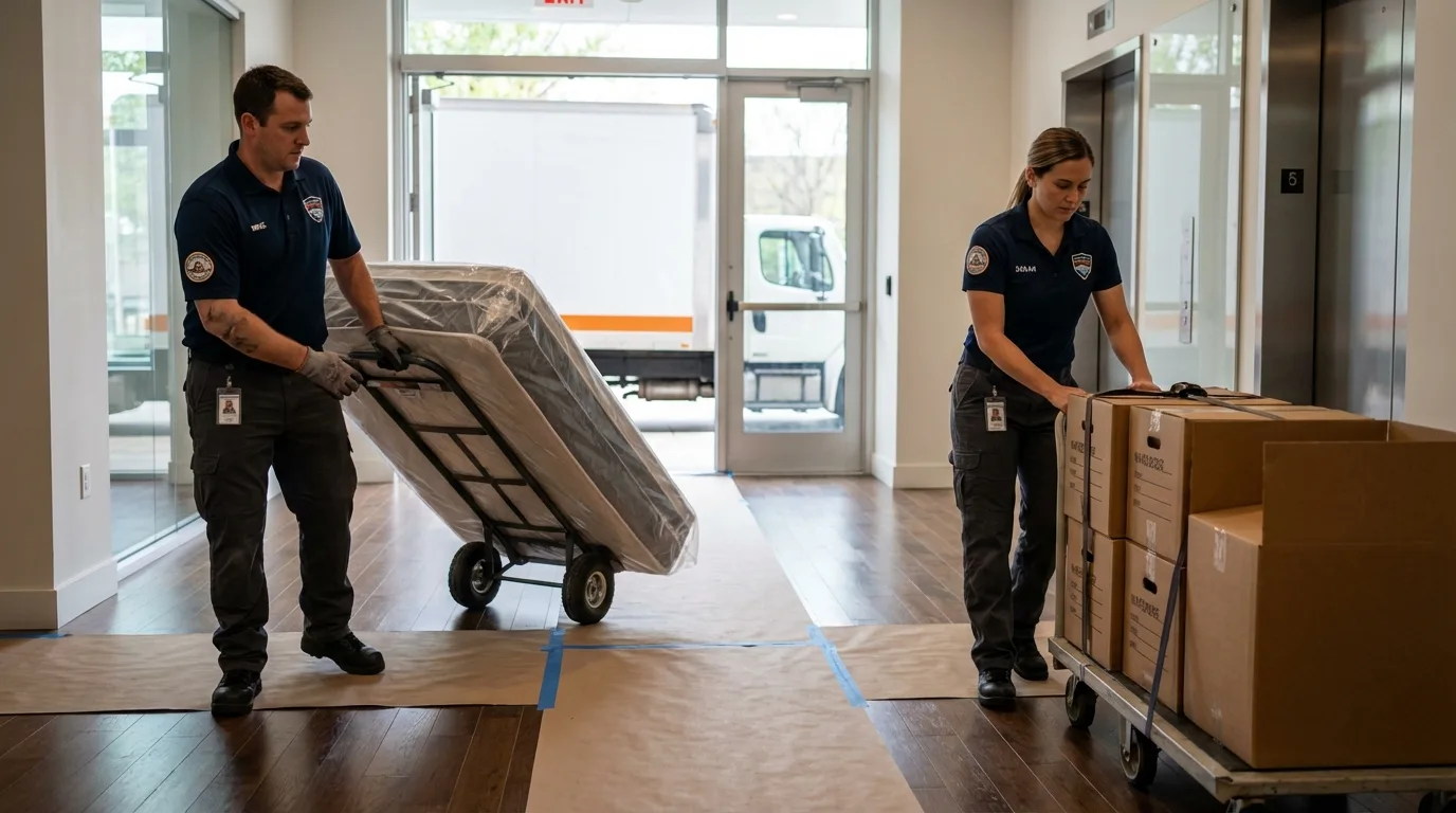 Professional apartment movers loading elevator in Forney, TX