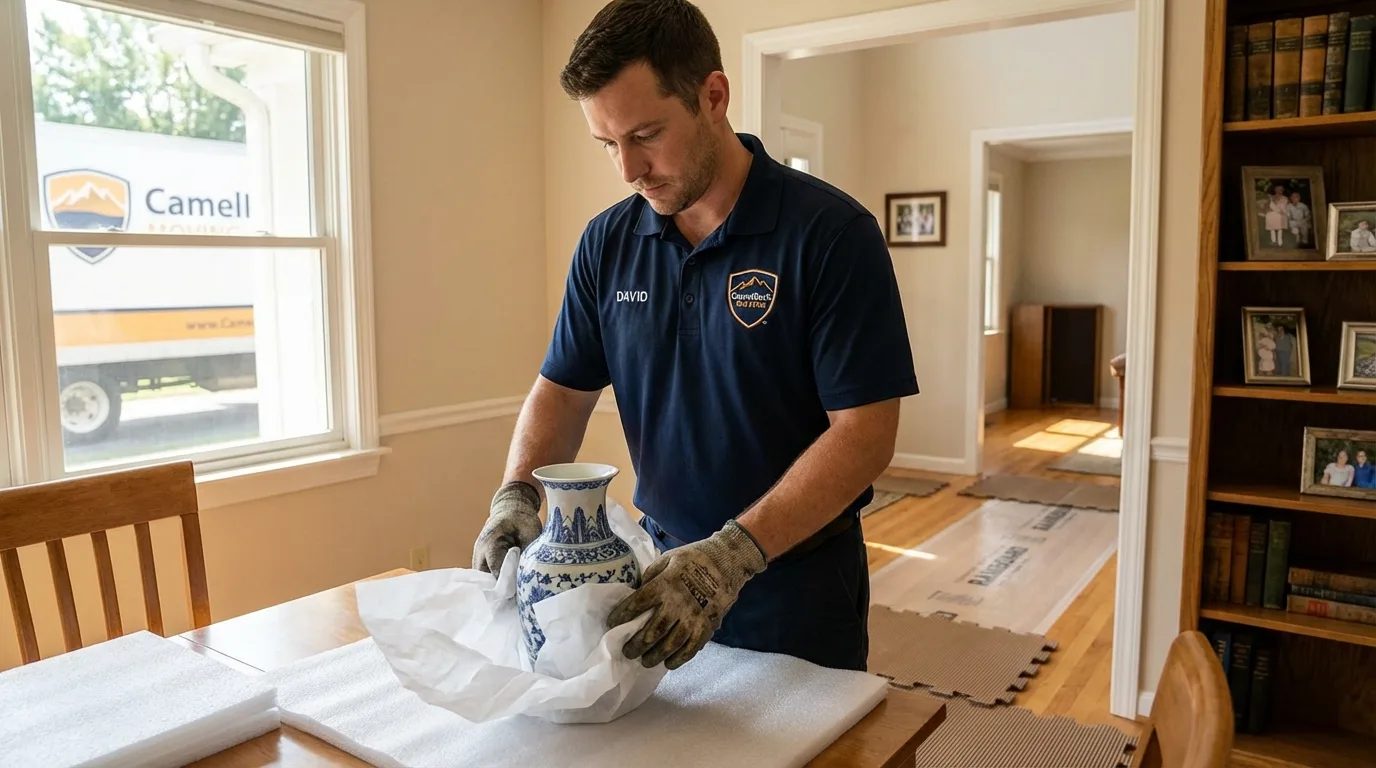 Professional crew carefully wrapping antique vase for senior downsizing move in Forney, TX