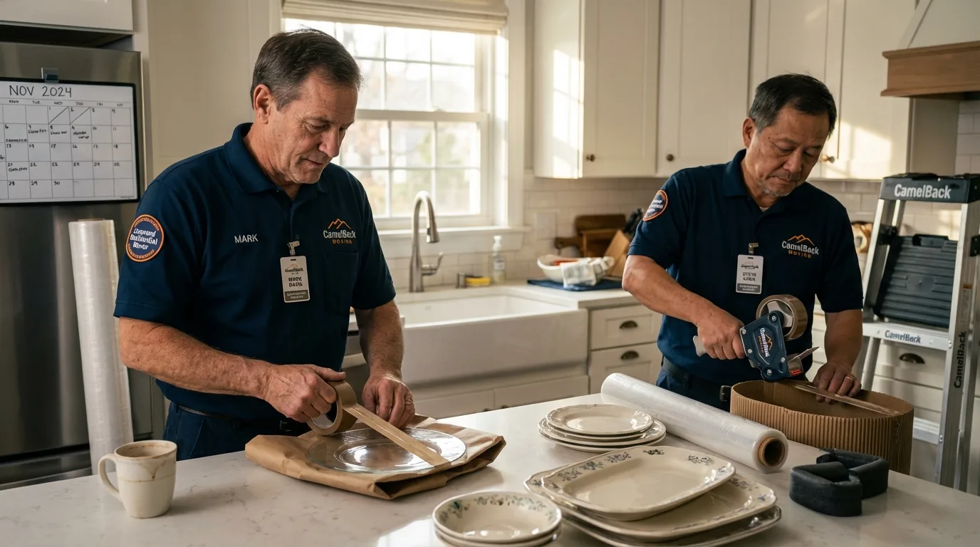 Professional crew packing kitchen dishware in Forney, TX